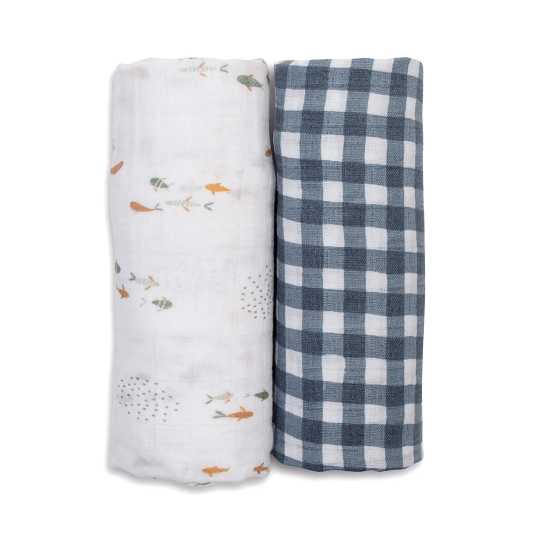 lulujo swaddle 2pk Fish + Navy Gingham1